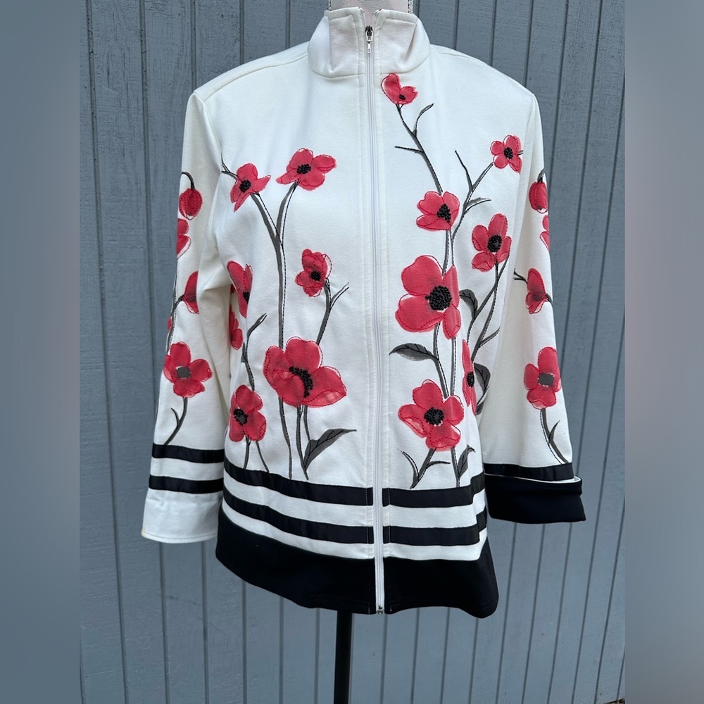 Pretty Black and White with Pink Flowers Zip Front Jacket
